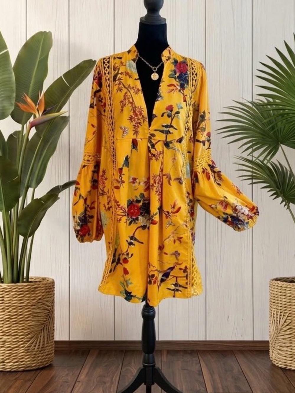 Boho Floral Yellow Tunic Dress